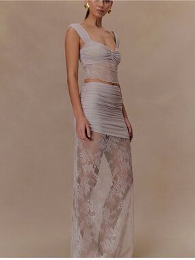 Miss Me Taupe Lace Ruched Two-Piece Chemise Set